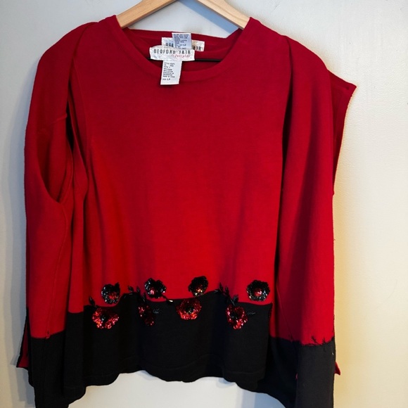 Bedford Fair Two Piece Ramie Sweater Set Women Sz LP Red Black Floral Sequins - Picture 5 of 7